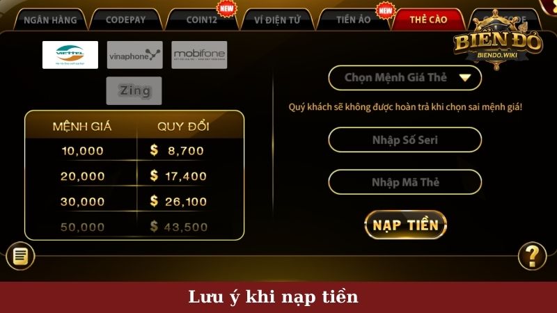 Lưu ý khi nạp tiền