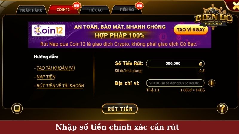 Nhập số tiền chính xác cần rút